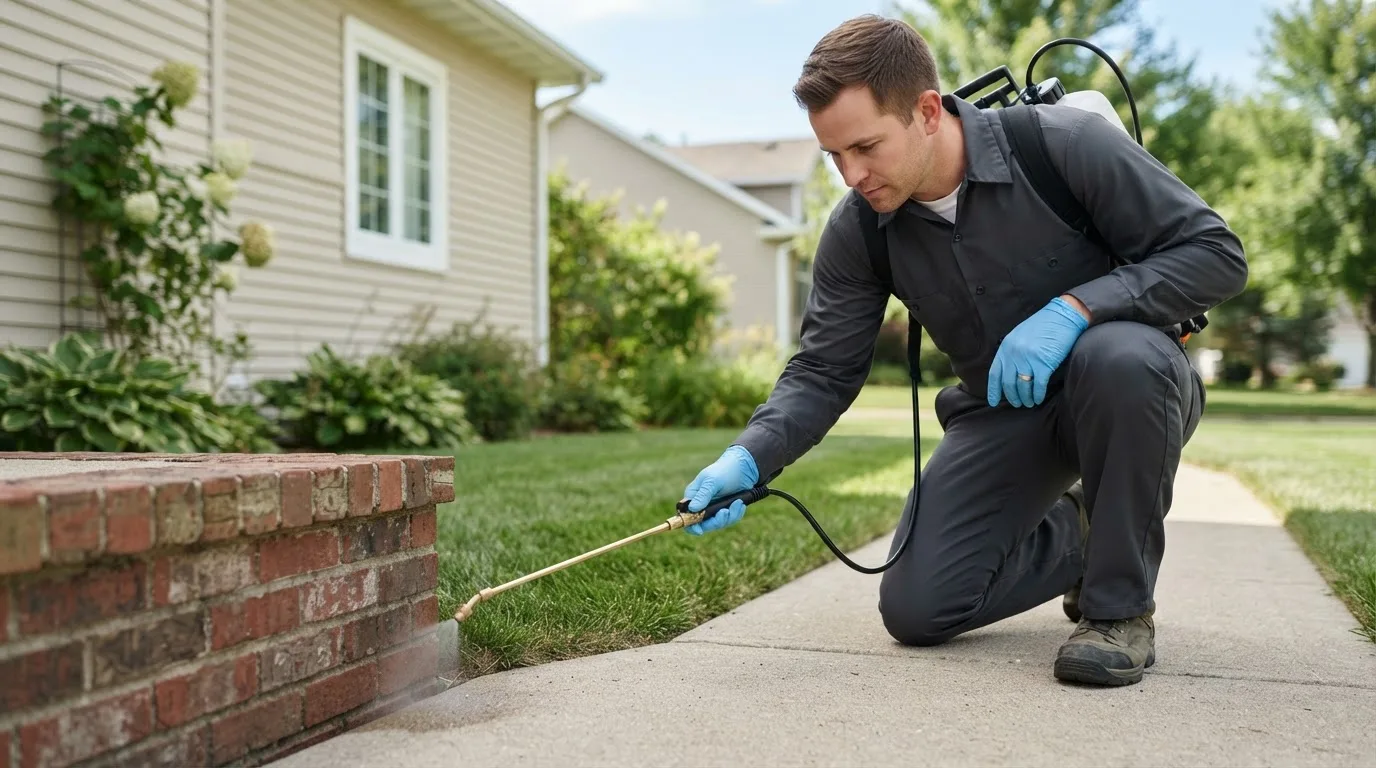 Pest control technician treating a home near Ringle, WI