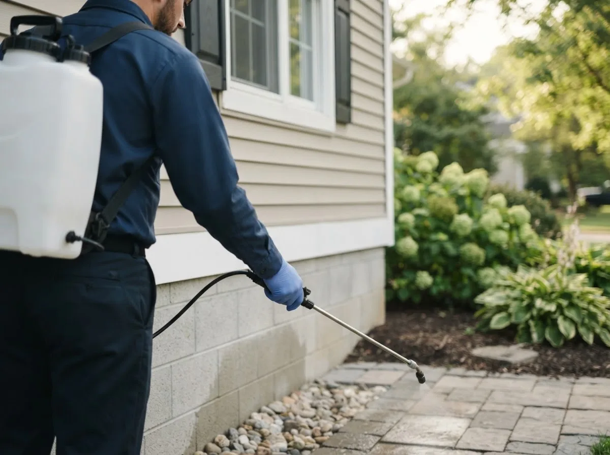 Pest control technician inspecting a home in Ringle, WI